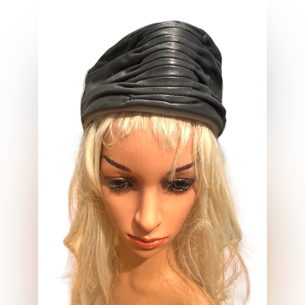 Vintage Black Leather & Felt Ruched Stewardess Style Fancy Hat
